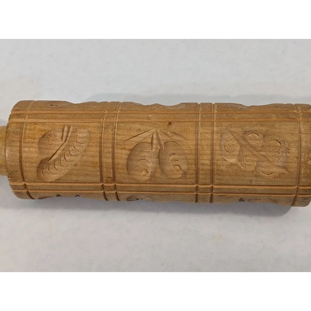 Vintage Wooden Springerle Rolling Pin Carved Bird Butterfly Flower Cookie Mold